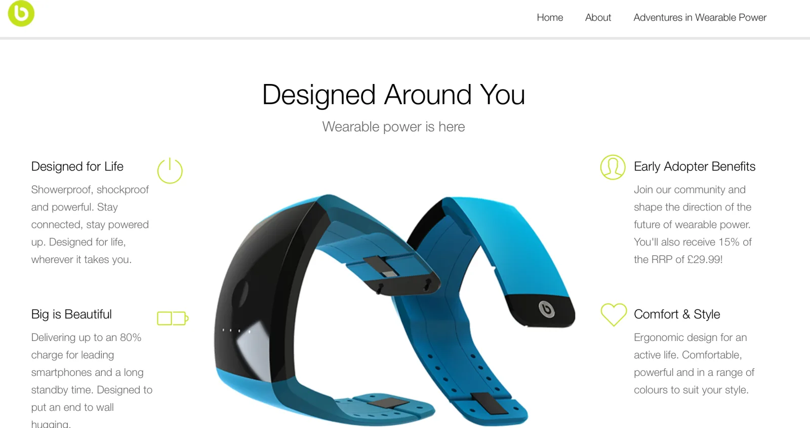 'Designed Around You' page with a blue and black wristband wearable and feature text.