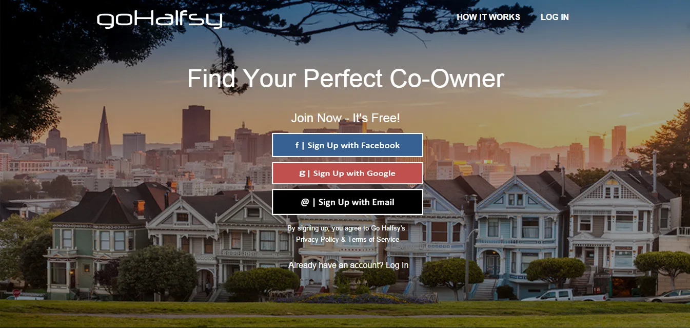 GoHalfsy hero 'Find Your Perfect Co-Owner' over a photo of row houses with signup buttons.