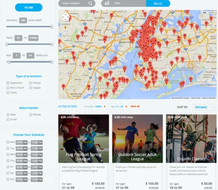 Sports league search with filters, a New York map of red pins and league cards.