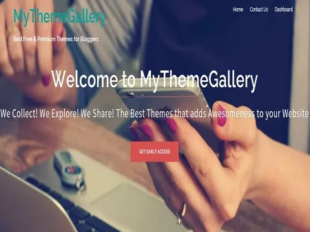 Landing page headlined "Welcome to MyThemeGallery" over a photo of hands holding a phone.