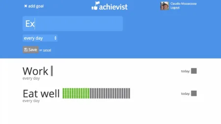 Habit tracker with an 'add goal' form and goals 'Work' and 'Eat well' with striped progress bars.