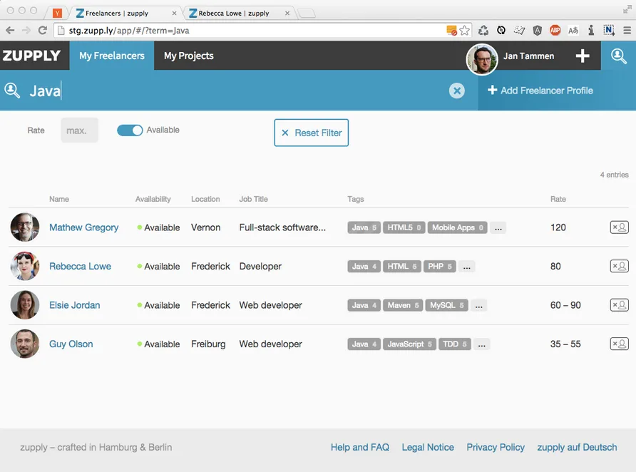 Freelancer search for 'Java' with names, availability, location, tags and rates.
