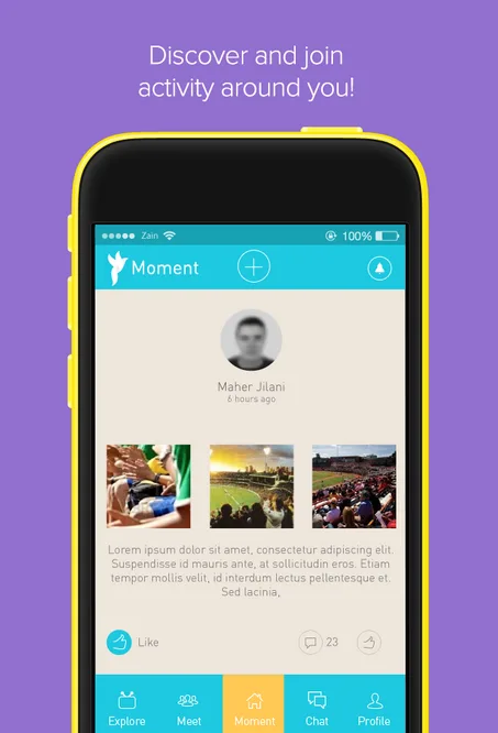 Purple promo graphic reading "Discover and join activity around you!" with a yellow phone showing a profile.