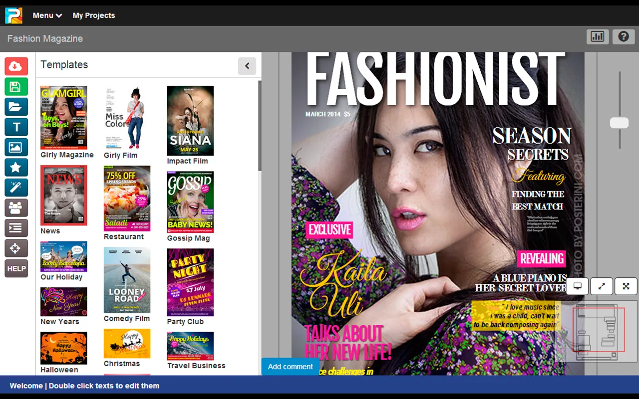Poster design editor with a template panel and a fashion magazine cover featuring a woman's portrait.