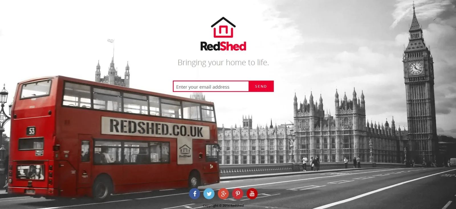 Homepage with RedShed logo and search box over a red London bus and Big Ben photo.