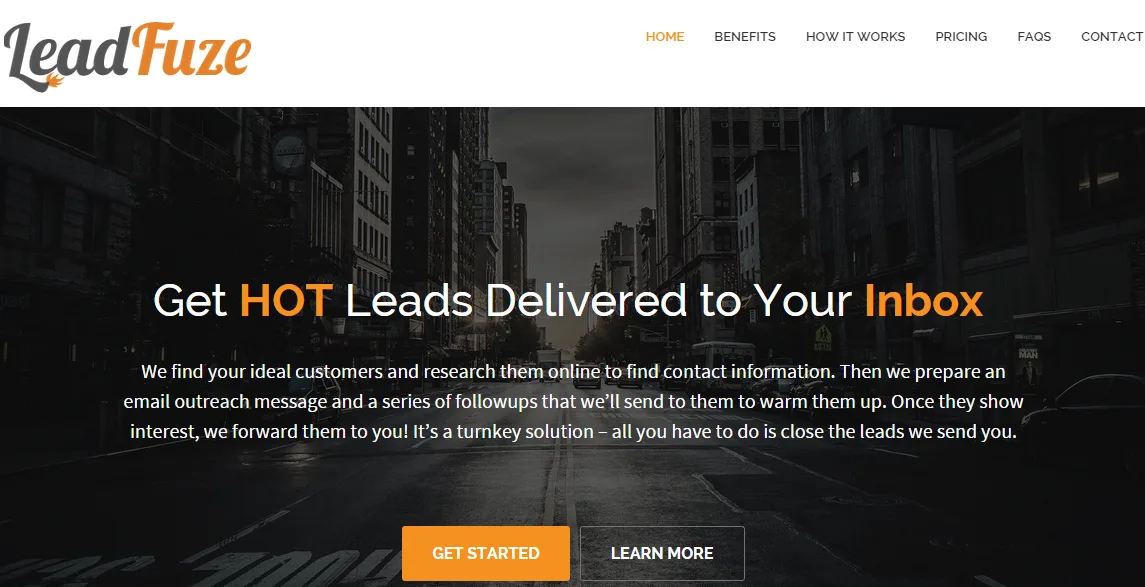 Landing page headlined "Get HOT Leads Delivered to Your Inbox" over a dark city photo.
