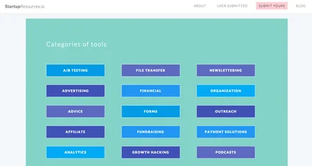 Page 'Categories of tools' with a grid of blue category buttons on teal.