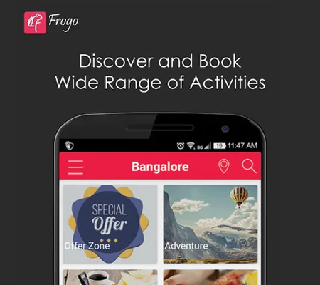 'Discover and Book Wide Range of Activities' above an Android phone showing Bangalore activity tiles.
