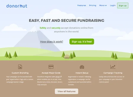Donorhut page 'Easy, fast and secure fundraising' with an illustrated landscape and feature icons.
