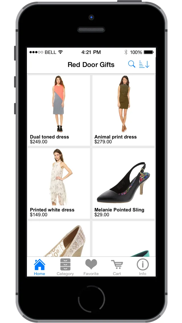 IPhone showing a shopping app 'Red Door Gifts' with dresses and shoes listed.