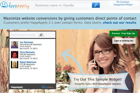 Landing page with a sample contact widget and a stock photo of a woman on the phone.