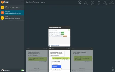 Dark live chat console with a visitor list on the left and several open chat windows.