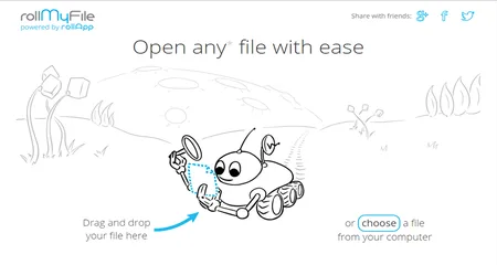 Page 'Open any file with ease' with a cartoon character and a drag-and-drop file area.