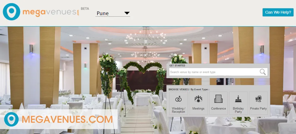 Venue search landing page with a banquet hall photo and search options.
