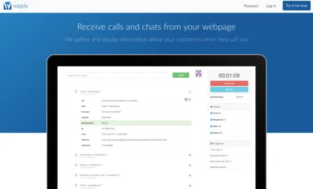 Homepage 'Receive calls and chats from your webpage' with a tablet showing a call log.