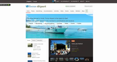 Focus depart travel site with a yacht photo, a search bar and listings.