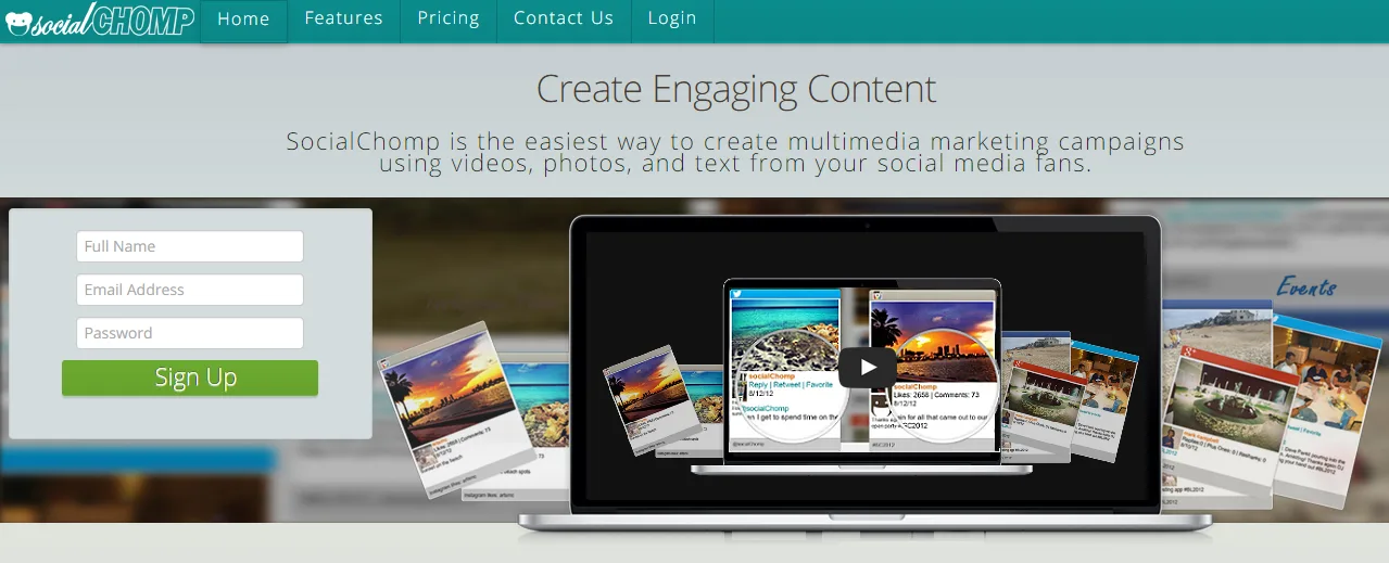 Homepage 'Create Engaging Content' with a laptop mockup and signup form.
