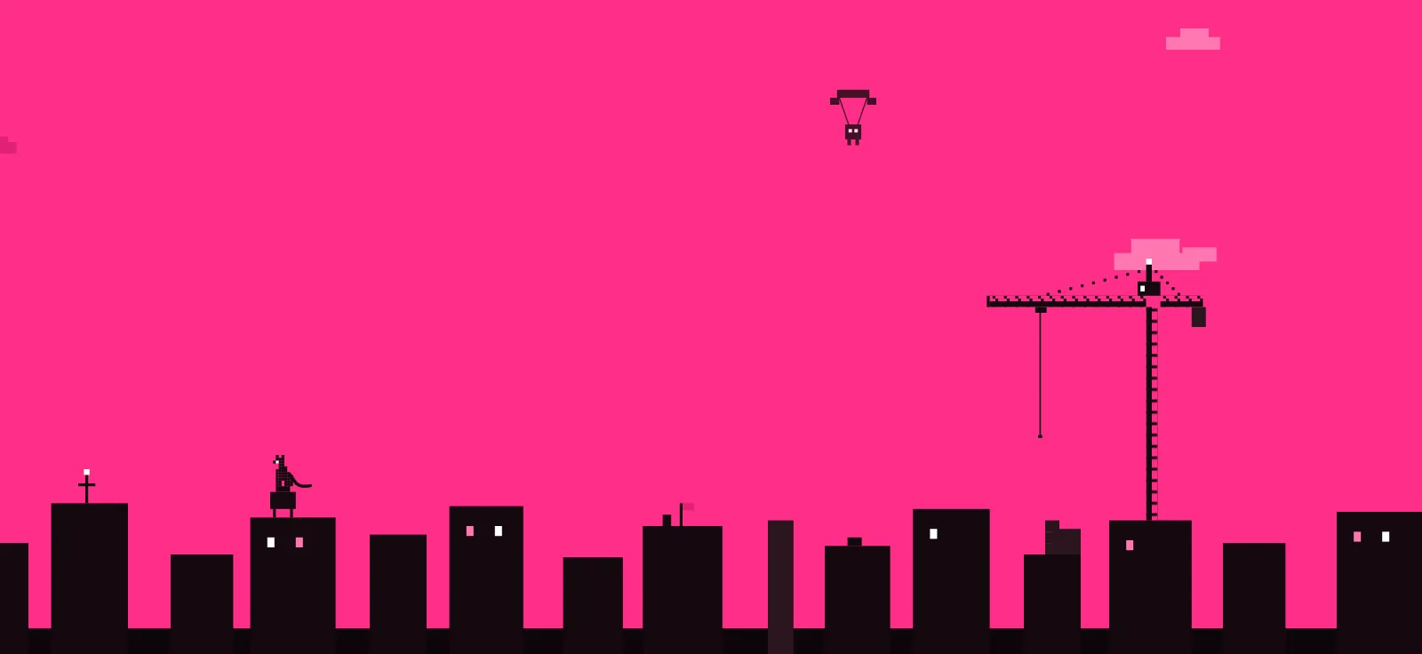 Frantic’s pink city with agents arriving and a crane above the rooftops
