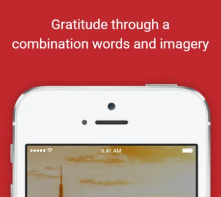 Red panel 'Gratitude through a combination words and imagery' above the top of an iPhone lock screen.