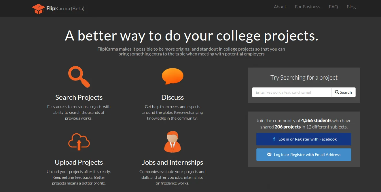 Dark FlipKarma page 'A better way to do your college projects.' with four feature icons.