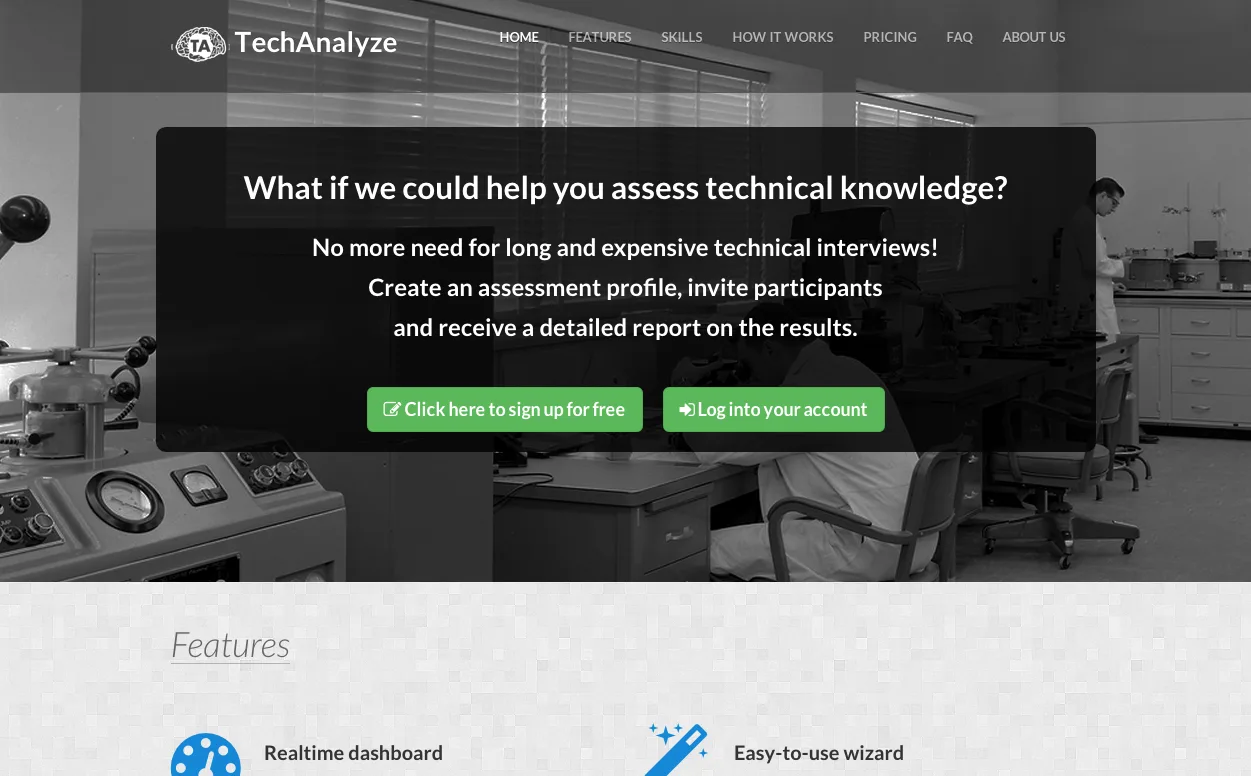 Homepage 'What if we could help you assess technical knowledge?' over a lab photo.