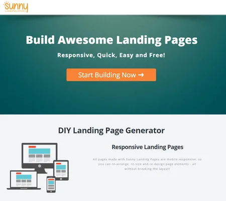 Homepage 'Build Awesome Landing Pages' with 'DIY Landing Page Generator' section.