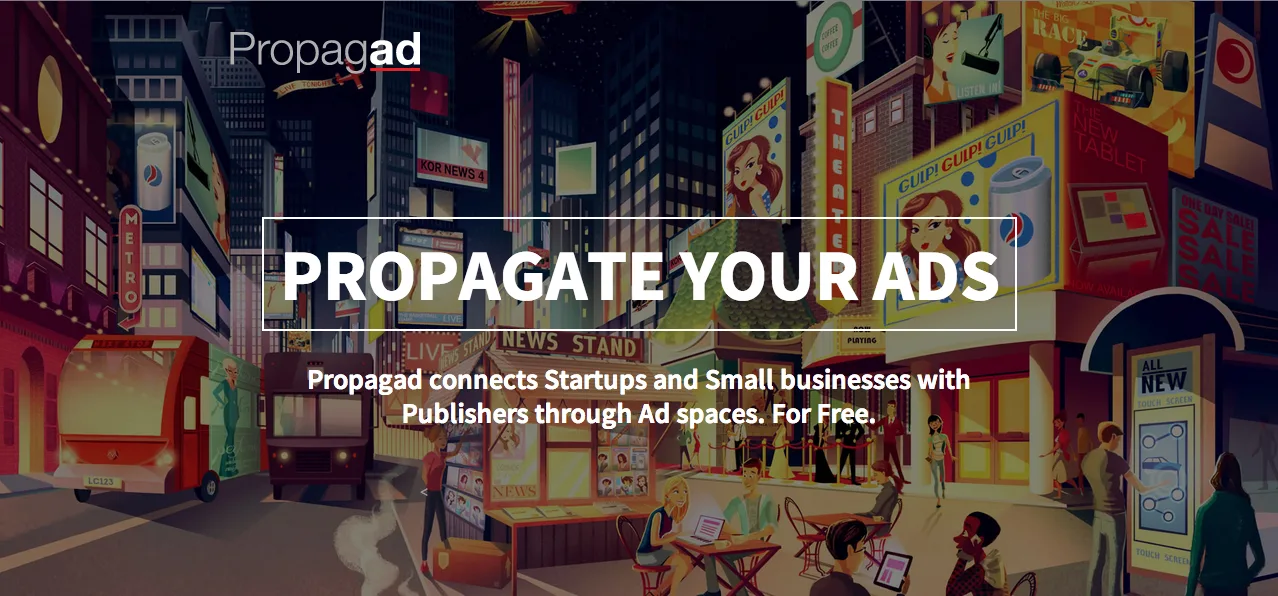 Landing page headlined "PROPAGATE YOUR ADS" over an illustrated street scene.