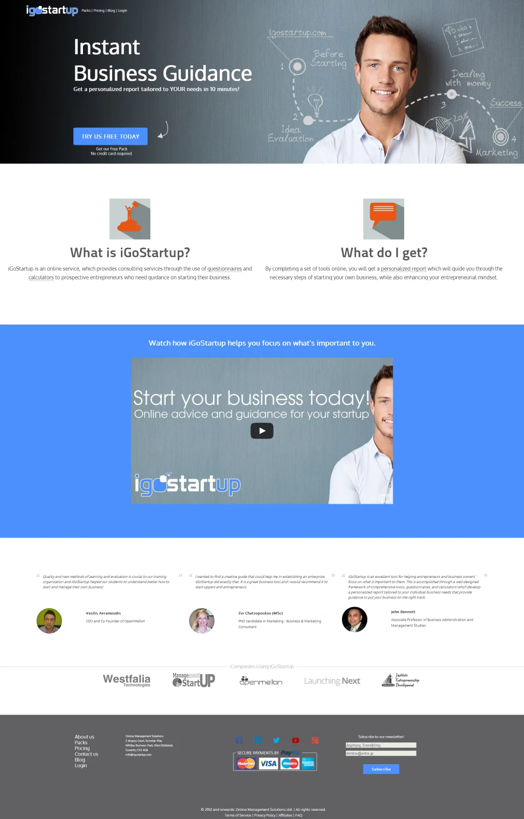 Full-length landing page offering "Instant Business Guidance" with a photo of a man in a suit and feature sections.