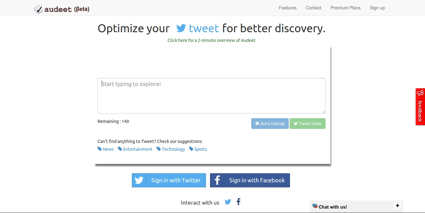 Audeet page 'Optimize your tweet for better discovery' with a text box and Twitter and Facebook sign-in buttons.