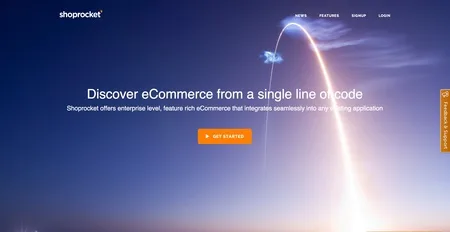 Homepage 'Discover eCommerce from a single line of code' over a blue rocket launch image.