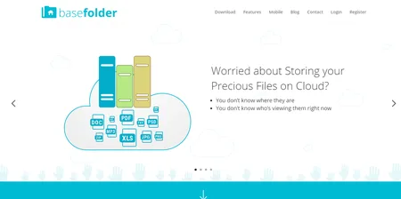 Basefolder page with a cloud and folders illustration and 'Worried about Storing your Precious Files on Cloud?'.