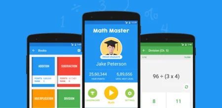 Three Android phones showing Math Master game screens with arithmetic questions.