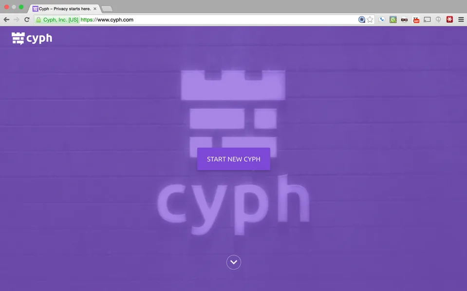 Purple cyph page in a browser window with a castle logo and a 'Start new cyph' button.