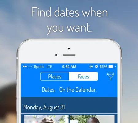 Promo graphic reading "Find dates when you want." with a phone showing a calendar app screen.