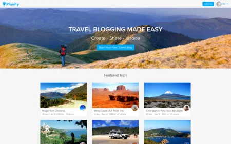 Landing page headlined "TRAVEL BLOGGING MADE EASY" over a hillside photo, with featured trip photos.
