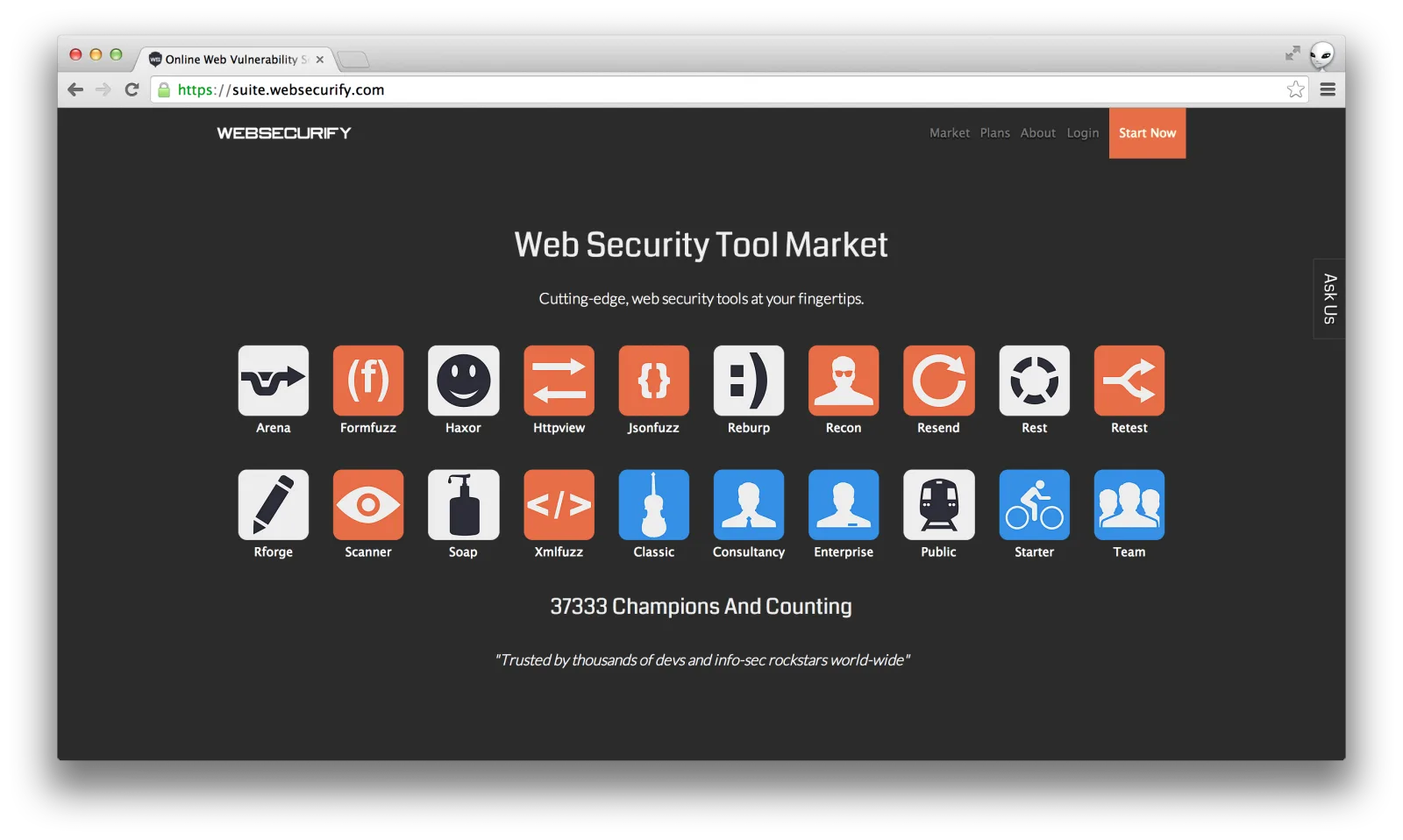 Browser window showing a dark 'Web Security Tool Market' panel of tool icons.