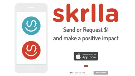 Landing page 'skrlla Send or Request $1 and make a positive impact' with app icons and App Store badge.