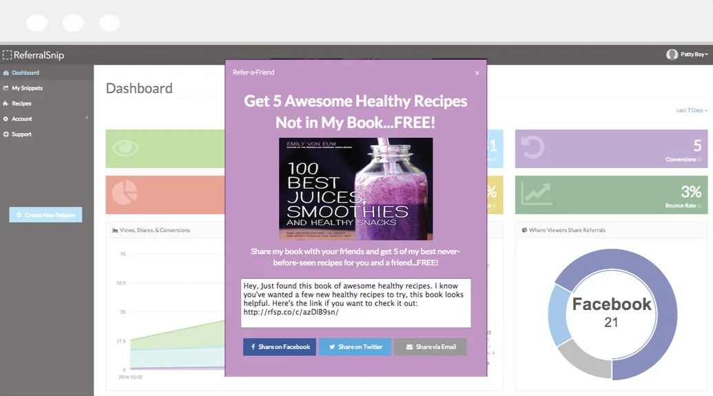 Dashboard with a popup offer for a healthy recipes ebook and a Facebook share donut chart.