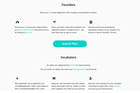Page with Founders and Incubators sections, icons and a Submit Pitch button.