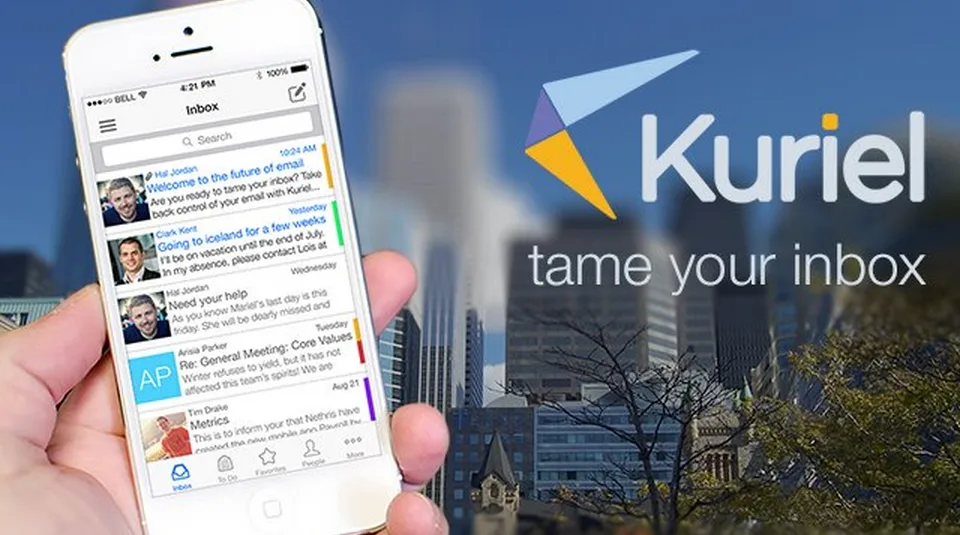 Hand holding a phone showing an email inbox, beside the text "Kuriel tame your inbox".