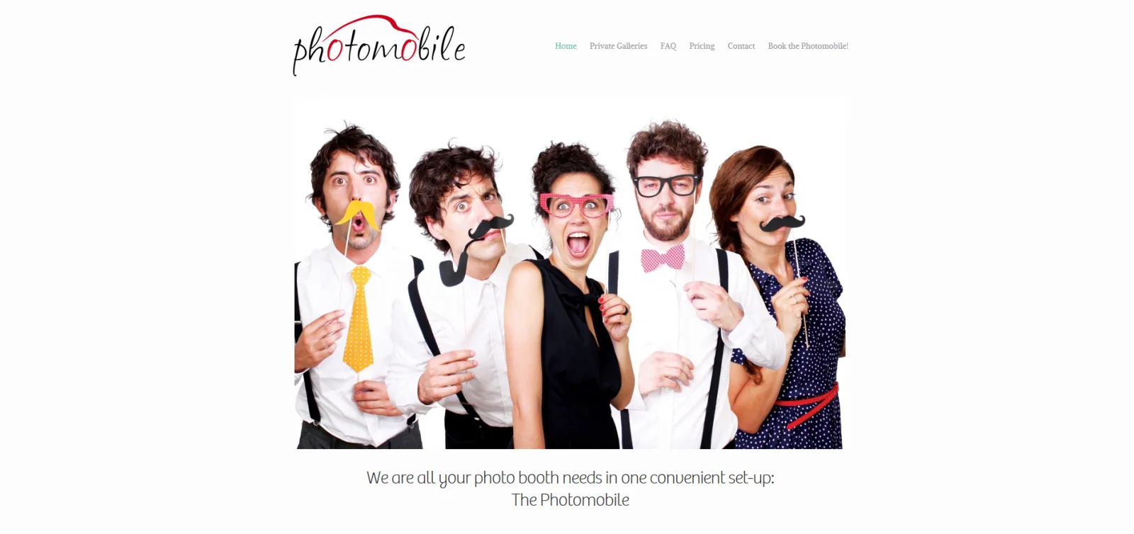 Photo booth homepage with a group of people posing with props.