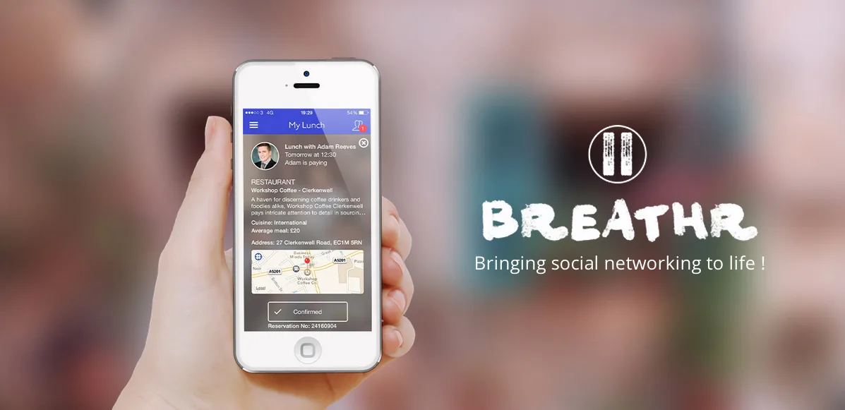 Hand holding an iPhone showing the Breathr app beside the wordmark and 'Bringing social networking to life'.