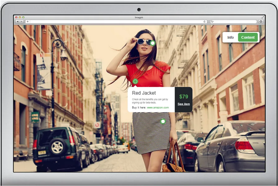 Laptop frame showing a street photo of a woman in a red jacket with a product tag and price.
