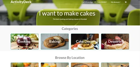 ActivityDeck page with the headline 'I want to make cakes' and category tiles for cooking, baking and desserts.