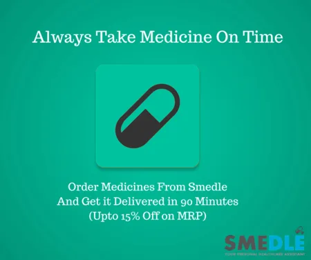 Teal graphic 'Always Take Medicine On Time' with a pill icon and a 90-minute delivery offer.