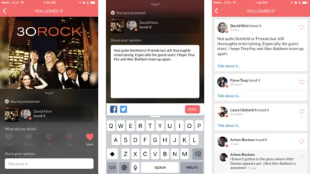Three app screens with a '30 Rock' poster, a comment composer and a feed of opinions.
