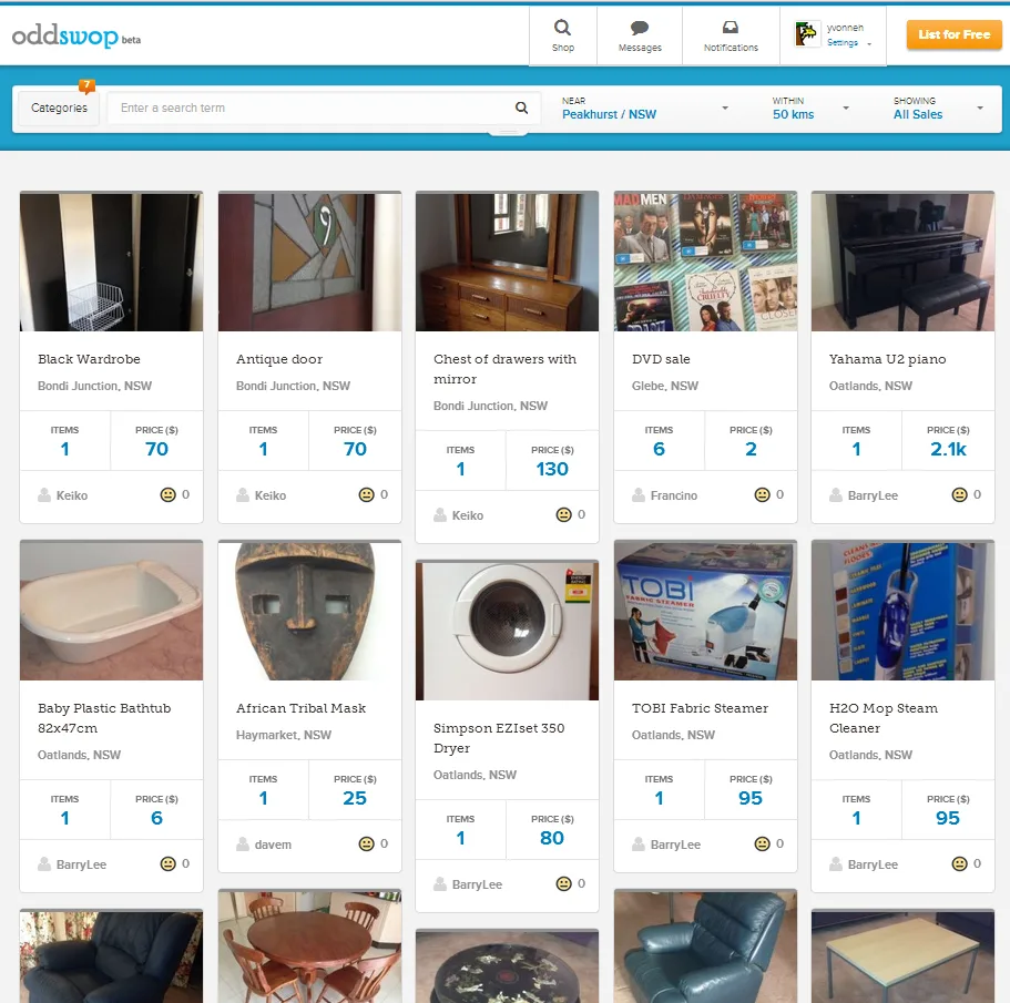 Marketplace listing grid with photos of secondhand items and prices.
