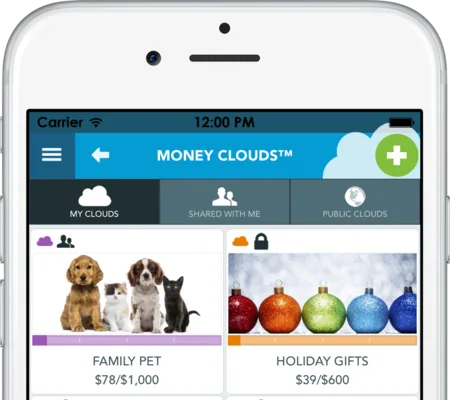 Phone showing the Money Clouds app with savings goals for a family pet and holiday gifts.