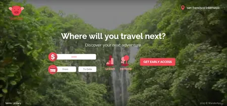 Homepage 'Where will you travel next?' over a forest waterfall photo.