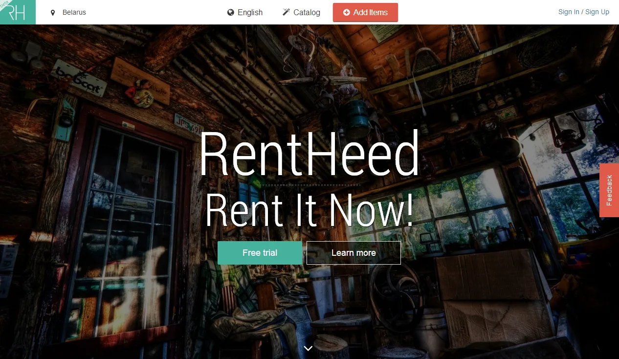 Homepage headline 'RentHeed Rent It Now!' over a dim interior photo.